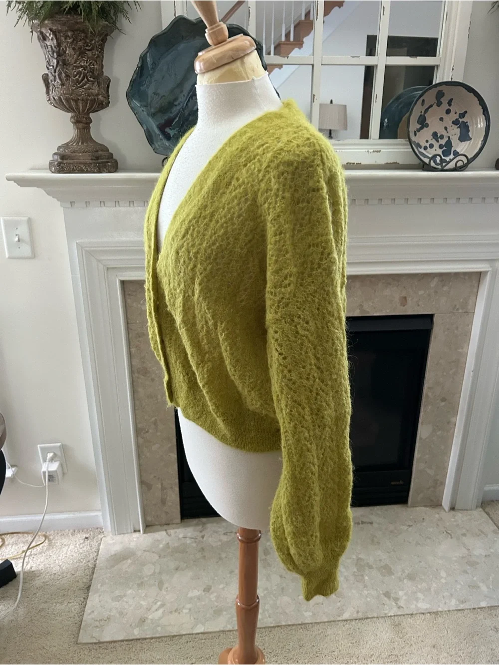 Free People Fuzzy Oversized V-Neck Alpaca Cardigan in Mossy Yellow-Green